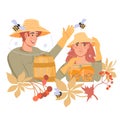 Emblem or banner for beekeeping, honey proceeding and apiar, flat vector isolated.