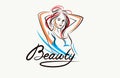 Emblem for a beauty studio or cosmetology clinic or cosmetics brand, vector illustration of a beauty woman face with Beauty work