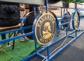 Emblem of the beer company Paulaner on the fence at the Beer Festival on the embankment of the Nahariyya city in Israel