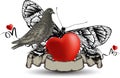 Emblem with bird dove and heart, a butterfly and r