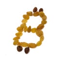 Emblem of bitcoin from raisins, on white isolated background