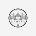 Emblem of Cabin Logo Line Art Design Vector Illustration Icon, Wooden Cabin, Cabin Forest, Cottage, Wood Cabin