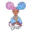 Emblem with a child holding a lollipop. Sweet shop. Cute girl with pink and blue haircut. Vector graphics