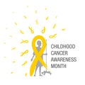 Emblem for a childhood cancer awareness month, picturing little bold head patient with drip stand.