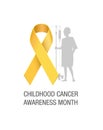 Emblem for a childhood cancer awareness month, picturing little bold head patient with drip stand