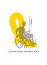 Emblem for a childhood cancer awareness month, picturing little bold head patient with drip stand, sitting in a wheelchair