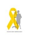 Emblem for a childhood cancer awareness month, picturing little bold head patient with drip stand, standing behind big yellow ribb