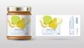 Pear and Apple confiture. Sweet jam. Transparent slices, halves and cut fruits. Label and packaging simple design.