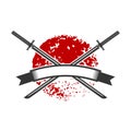 Emblem with crossed katana swords. Design element for logo, label, sign, poster, t shirt.