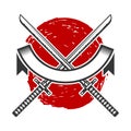 Emblem with crossed katana swords. Design element for logo, label, sign, poster, t shirt.