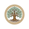 Emblem featuring a stylized tree with brown branches and roots, Royalty Free Stock Photo