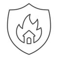 Emblem of fire protection thin line icon. Symbol of house in fire shield outline style pictogram on white background Royalty Free Stock Photo