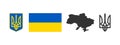 Emblem, flag and map of Ukraine. Vector set of Ukrainian national symbols isolated on white background. Colored and black flat Royalty Free Stock Photo