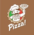 Emblem of funny italian chef with pizza and logo Royalty Free Stock Photo