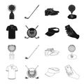 Emblem of the golf club, cap with a visor, golfer shirt, phone with a navigator.Golf club set collection icons in black Royalty Free Stock Photo