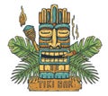 Emblem of hawaii tiki mask or surfing, totem bar