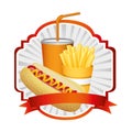 emblem with hot dog, fries french and soda with ribbon Royalty Free Stock Photo