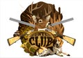 The emblem of the hunting club with the head of a deer, a dog and guns.