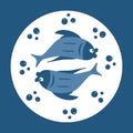 Emblem with the image of fish with bubbles in blue tones