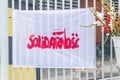 Emblem of Independent Self-Governing Trade Union Solidarity on Historic Gate No. 2 of Gdansk Shipyard at Solidarnosci square