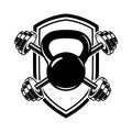 Emblem with kettlebells and barbells. Design element for logo, label, sign, emblem, poster. Royalty Free Stock Photo