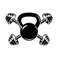 Emblem with kettlebells and barbells. Design element for logo, label, sign, emblem, poster. Royalty Free Stock Photo