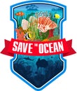 Emblem with lionfish, ocean sunfish, hammerhead shark, coral reef and colorful tropical fishes