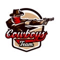 Emblem, logo, cowboy shooting from two revolvers. Wild west, a thug, Texas, a robber, a sheriff, a criminal, a shield Royalty Free Stock Photo