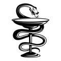 Emblem medicine snake wrapping around a bowl leg and bowed its head above the bowl. Medical symbol. Emblem for drugstore. Snake