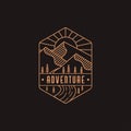 Emblem mountain and river landscape adventure logo icon with line art style Royalty Free Stock Photo