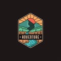 Emblem mountain and river landscape adventure logo icon vector template Royalty Free Stock Photo