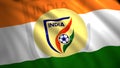 Emblem of national football team on flag of country. Motion. Beautiful image of football team logo on flag of country