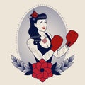 Emblem of pinup boxing girl, with flowers, tattoos and boxing gloves. Retro style.