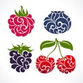 Emblem raspberries, blueberries, blackberries, cherries color vector illustration