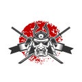 Emblem with samurai helmet and crossed katana swords. Design element for logo, label, sign, poster, t shirt. Royalty Free Stock Photo