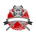Emblem with samurai helmet and crossed katana swords. Design element for logo, label, sign, poster, t shirt. Royalty Free Stock Photo