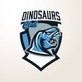 Emblem, sticker, badge, dinosaur head logo. Predator Jurassic, a dangerous beast, an extinct animal, a mascot, a jaw and Royalty Free Stock Photo