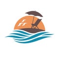 Emblem of summer vacation with reclining chair and umbrella on island.