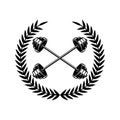 Emblem template with crossed barbells and wreath. Design element for logo, sign, emblem.