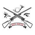 Emblem template of duck hunting club emblem with wild ducks, guns, hunting horn. Design element for logo, label, sign Royalty Free Stock Photo