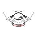 Emblem template of hunting club emblem with deer horns, guns, hunting horn. Design element for logo, label, sign, poster