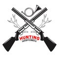 Emblem template of hunting club emblem with deer horns, guns, hunting horn. Design element for logo, label, sign, poster