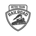 Emblem template with retro train. Rail road. Locomotive. Design element for logo, label, emblem, sign. Royalty Free Stock Photo