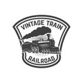 Emblem template with retro train. Rail road. Locomotive. Design element for logo, label, emblem, sign. Royalty Free Stock Photo