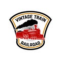 Emblem template with retro train. Rail road. Locomotive. Design element for logo, label, emblem, sign. Royalty Free Stock Photo