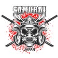 Emblem template with samurai helmet and crossed katanas on grunge background. Design element for logo, label, sign, poster, t