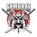 Emblem template with samurai helmet and crossed katanas on grunge background. Design element for logo, label, sign, poster, t