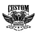 Emblem template with winged motorcycle motor. Design element for