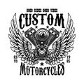 Emblem template with winged motorcycle motor. Design element for poster, logo, label, sign, t shirt