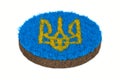 Emblem ukraine on round soil ground with grass on white background. Isolated 3D illustration